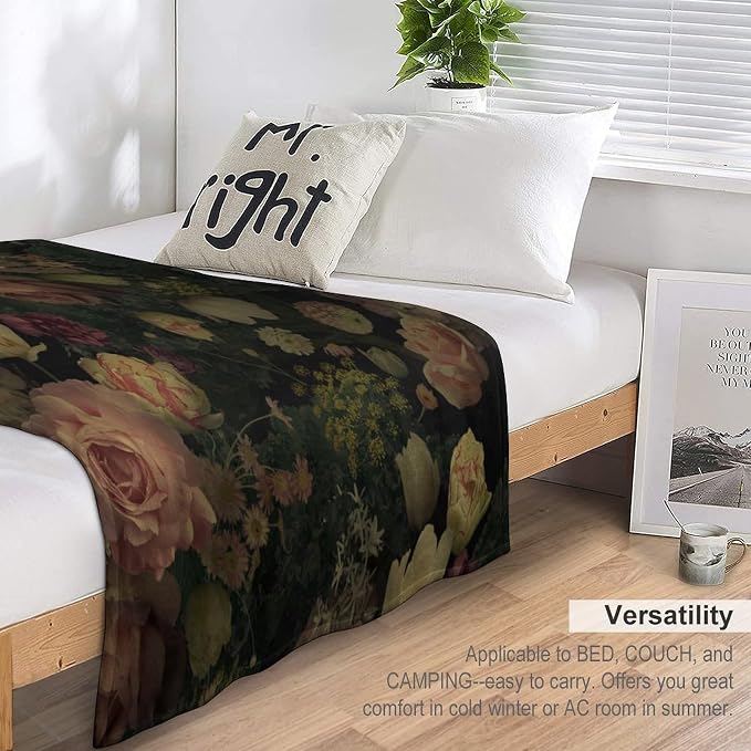Black Floral Blanket, Rustic Watercolor Botanical Rose Peony Vintage Leaves - Image 5