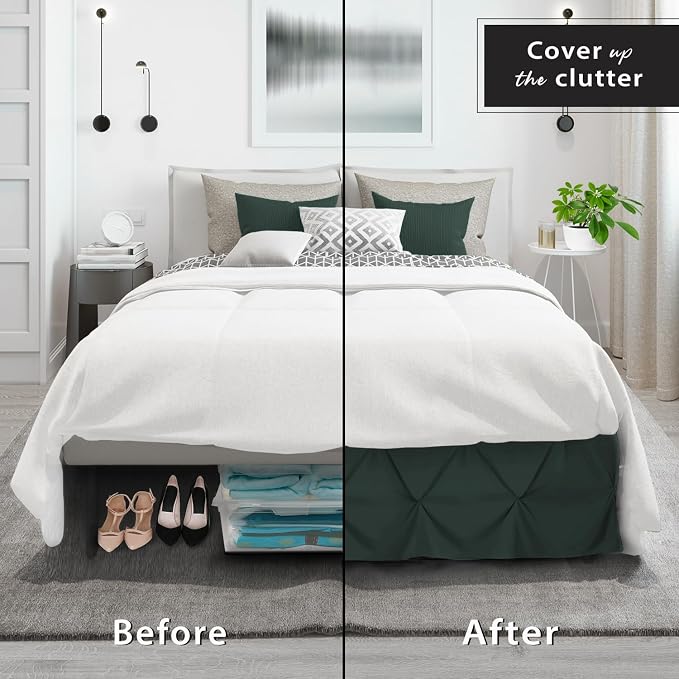 Nestl Forest Green Bed Skirt Full Size, Pinch Pleat Full Bed Skirt, Hotel - Image 4