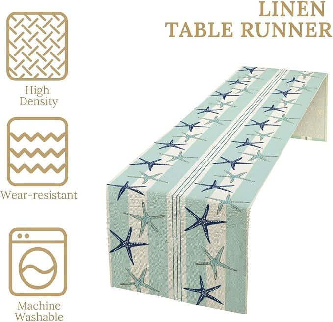 Blue Nautical Starfish Table Runner, Coastal Stripe Dark Blue Table Runner - Image 4