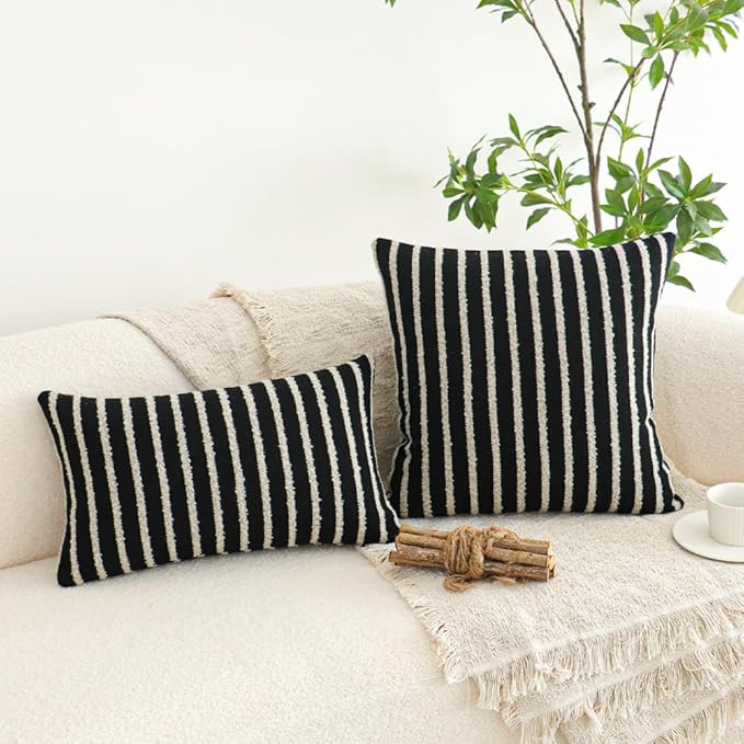 Jonhier Black Striped Lumbar Boho Throw Pillow Cover, Modern Boucle Textured - Image 4