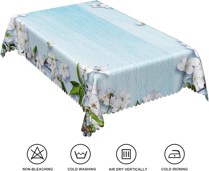54x108inches Blue Wooden Rectangle Tablecloth Cherry Blossom Flowers Border - Image 6