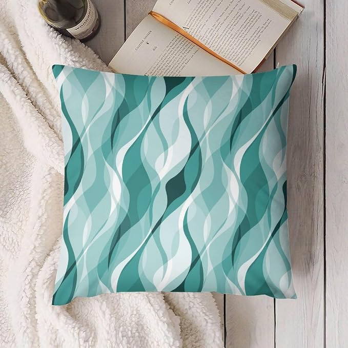 Teal Throw Pillow Covers Abstract Turquoise and Grey Striped Decorations - Image 2