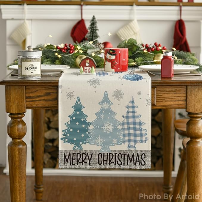 Artoid Mode Blue Pine Trees Merry Christmas Table Runner, Winter Xmas Holiday - Image 7
