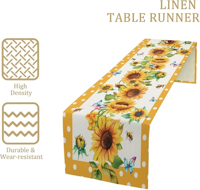 Sunflower Table Runner, Cotton Linen Floral Yellow 13x36 inch Bohemian Table - Image 3