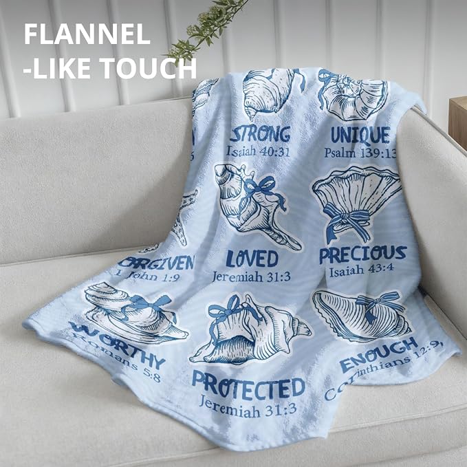 Blue Christian Blanket, God Says You are Bible Verse Preppy Beach Seashell - Image 4