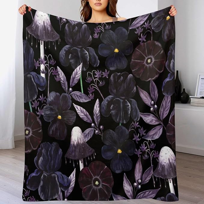 Gothic Floral Blanket, Vintage Abstract Black Purple Peony Flowers Mushroom - Image 8
