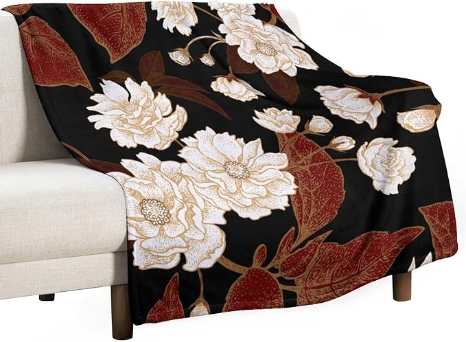 Red Gold Floral Blanket, Boho Dark Flower Leaves Chinese Plum Blossoms by JanJCurt