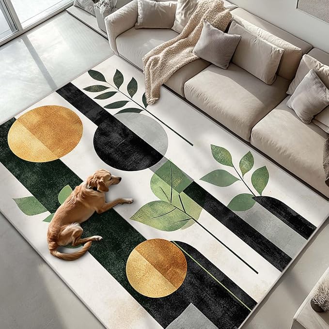 6x9 Boho Area Rug Green Leaf Black White Golden Rug Non Slip Low Pile Large by Unknown