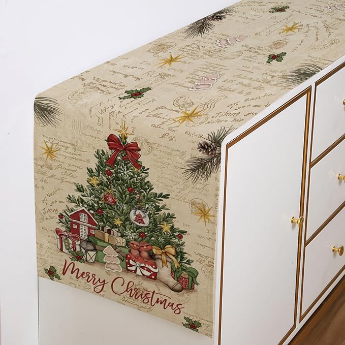 Vintage Christmas Trees Table Runner 13x72 Inch Merry Box Poinsettia Winter - Image 3
