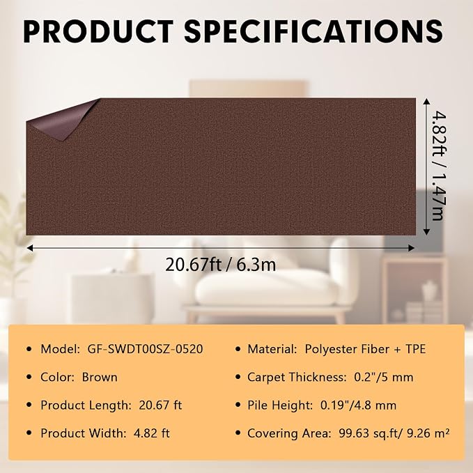 Marine Carpet, 5 FT x 20 FT Brown Indoor Outdoor Carpet 0.2" Thick Boat Carpet - Image 2