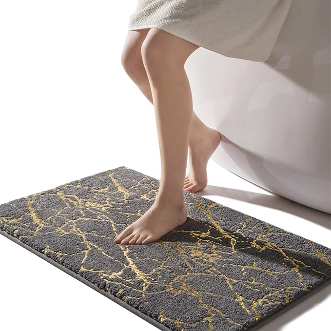 QJHOMO Marble Bathroom Rug Gray and Gold Decor Bathroom Rugs Non Slip Bath Mat by QJHOMO