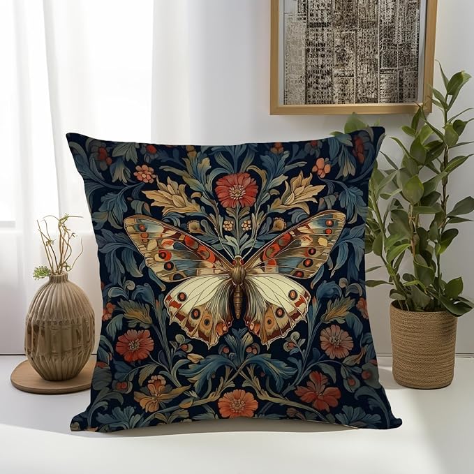 William Morris Abstract Vintage Floral Velvet Butterfly Design Throw Pillow - Image 4