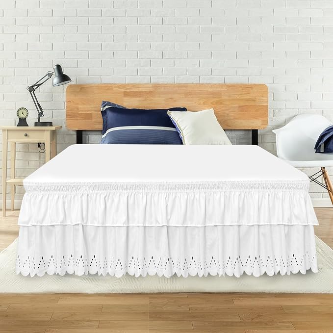 King Bed Skirt, Double-Layered Ruffled Eyelet Bed Skirt, Wrap-Around Elastic by ANARACHON