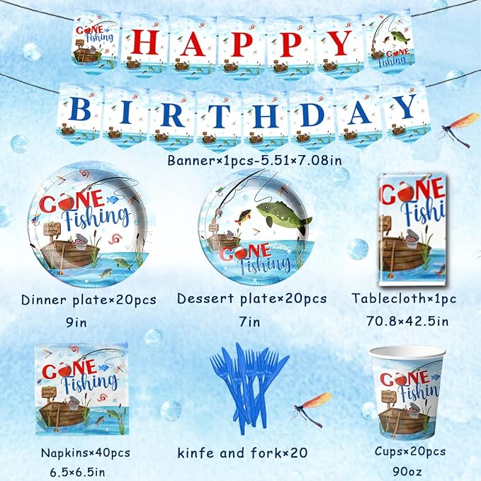 142 Pcs Gone Fishing Tableware, Fishing Birthday Party Decoration Little - Image 4
