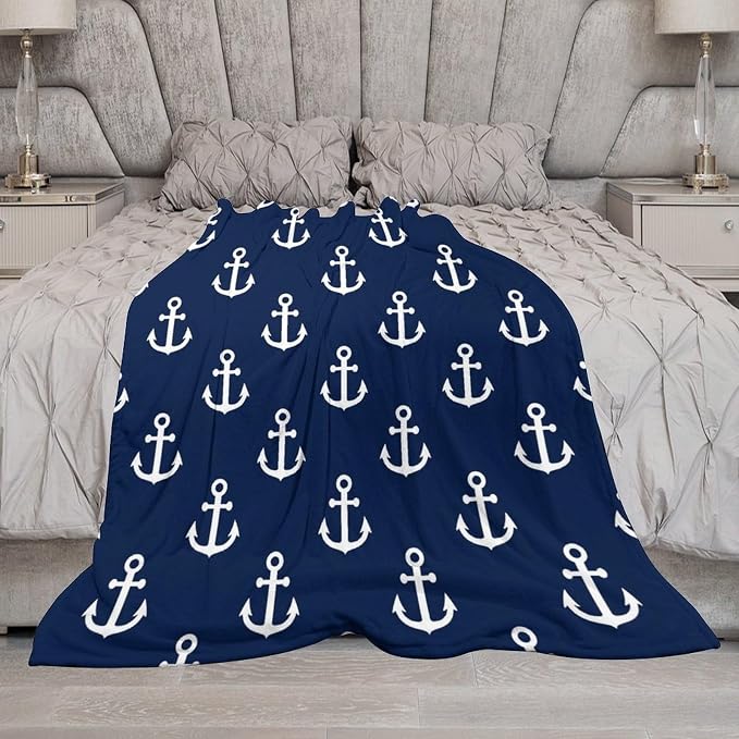 Anchor Blanket Vintage Rustic Ocean Nautical Style Navy Blue White Soft Cozy - Image 5