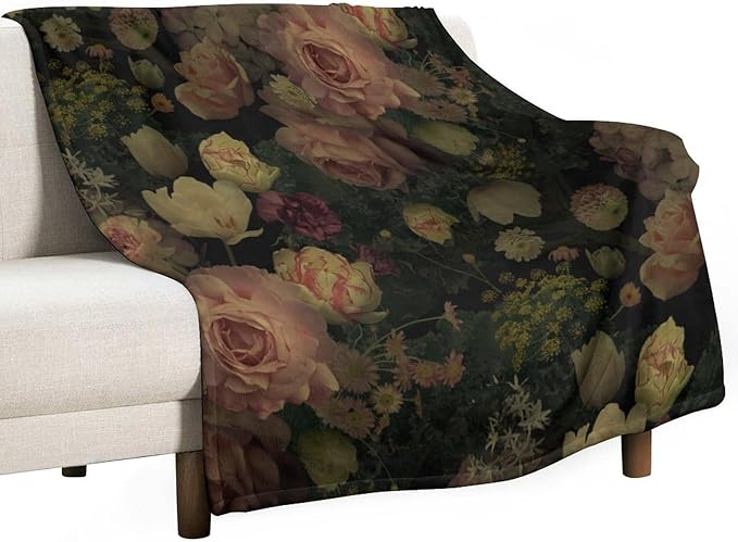 Black Floral Blanket, Rustic Watercolor Botanical Rose Peony Vintage Leaves by JanJCurt