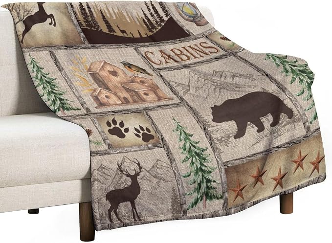 Rustic Cabin Bear Blanket, Lake Country Lodge Bear Deer Forest Farmhouse Camp by JanJCurt