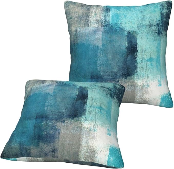 bassyil Teal Grey Abstract Art Painting Throw Pillow Covers Decorative Linen by bassyilCustomizedforlife