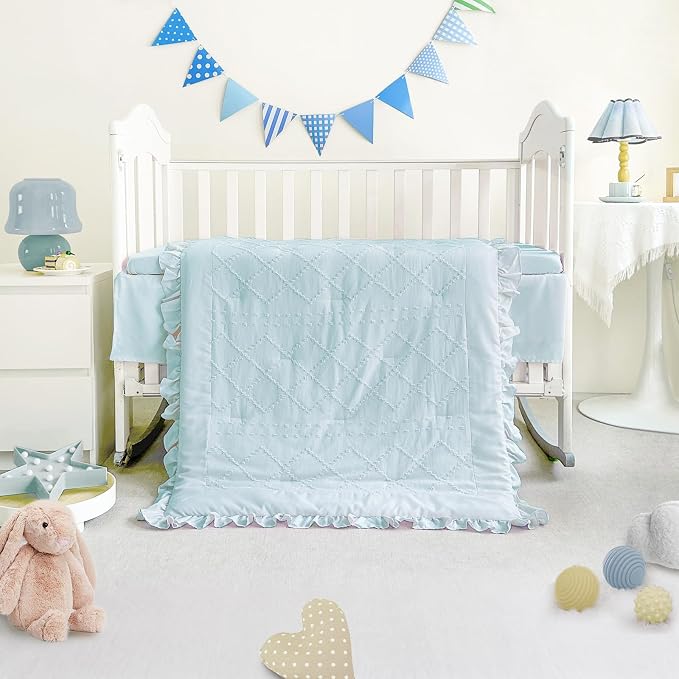 Wowelife Mini Crib Bedding Set for Girls, 3 Piece Tufted Jacquard Ruffle Fringe - Image 2