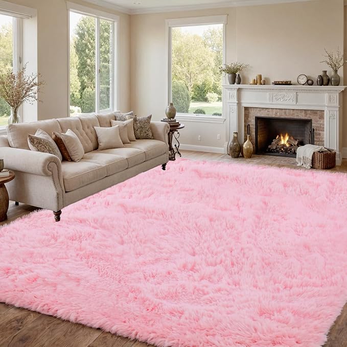 8x10 Area Rugs for Living Room Rug: Soft Fluffy Shag Light Pink Rugs for Bedroom by CarpetAddColortoYourLife