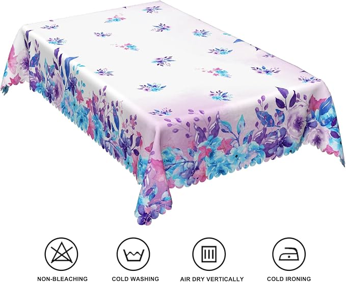 54x86inches Floral Rectangle Tablecloth Watercolor Purple Blue Flowers Printed - Image 6