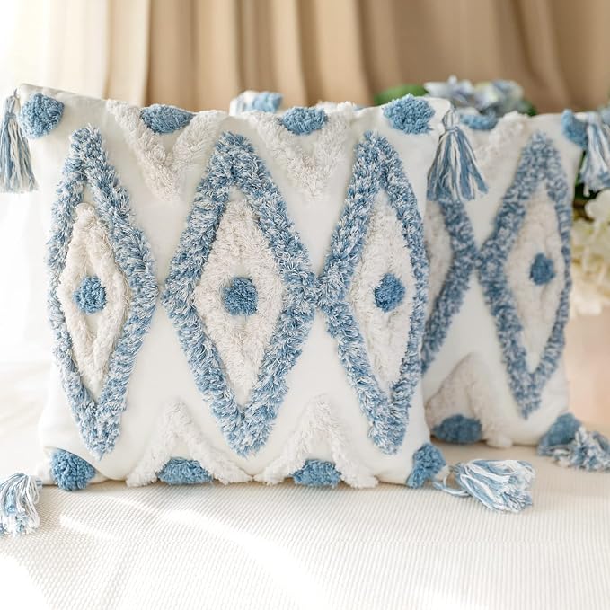 Set of 2 Cotton Woven Boho Throw Pillow Covers, Tufted Decorative Square by MARSAULE