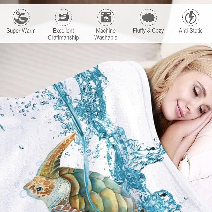 Sea Turtle Throw Blanket, Teal Blue Ocean Underwater Animal Starfish Fish - Image 4