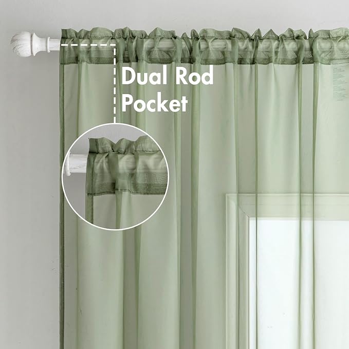 MIULEE 2 Panels Sage Green Sheer Curtains 90 inches Long Window Curtains Rod - Image 2