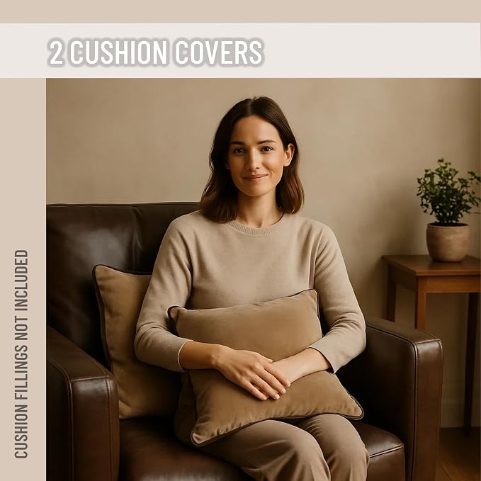 2 Pack Velvet Decorative Throw Pillow Covers, Camel and Brown, Contrast Piping - Image 3