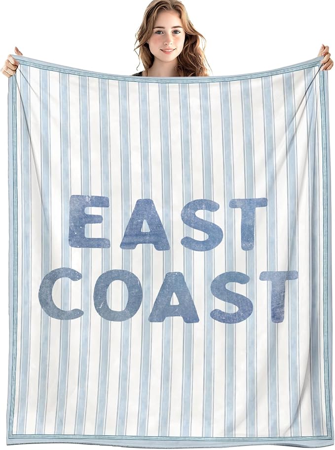 Blue Coastal Beach Blanket, East Coast Preppy Beach Striped Throw Blankets by Unknown