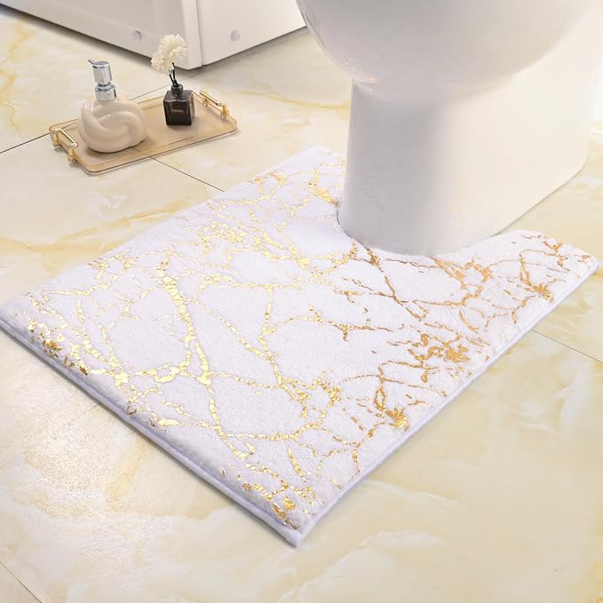 QJHOMO Toilet Rugs U Shaped White and Gold Bathroom Rugs, Extra Thick Carpet by QJHOMO
