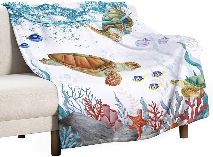 Sea Turtle Throw Blanket, Teal Blue Ocean Underwater Animal Starfish Fish by JanJCurt