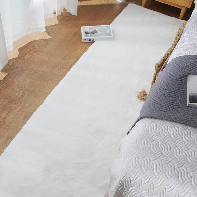 Fuzzy White Machine Washable Runner Faux Rabbit Furry Fur Rugs - Image 3