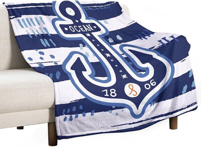 Nautical Anchor Blanket Modern Cartoon Anchor Ocean Adventure Blue White Soft by JADERYS