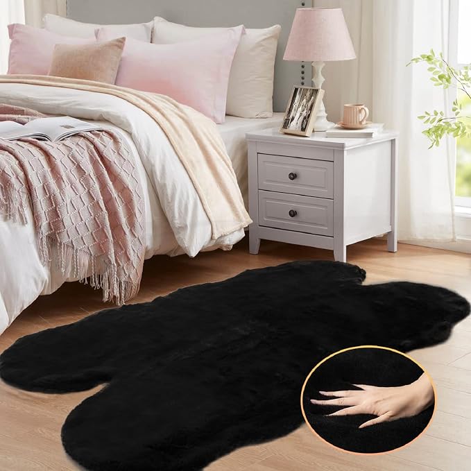Faux Bunny Fur Rug Plush Area Rugs Machine Washable Black 4x6 Shag Area Rug - Image 3