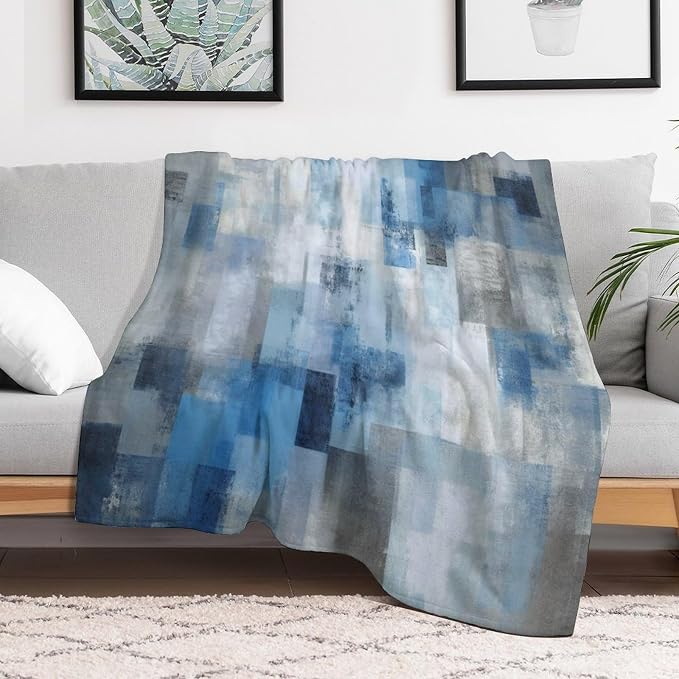 Fashion Gradient Blanket, Modern Art Abstract Blue Grey Check Painting Strokes - Image 6