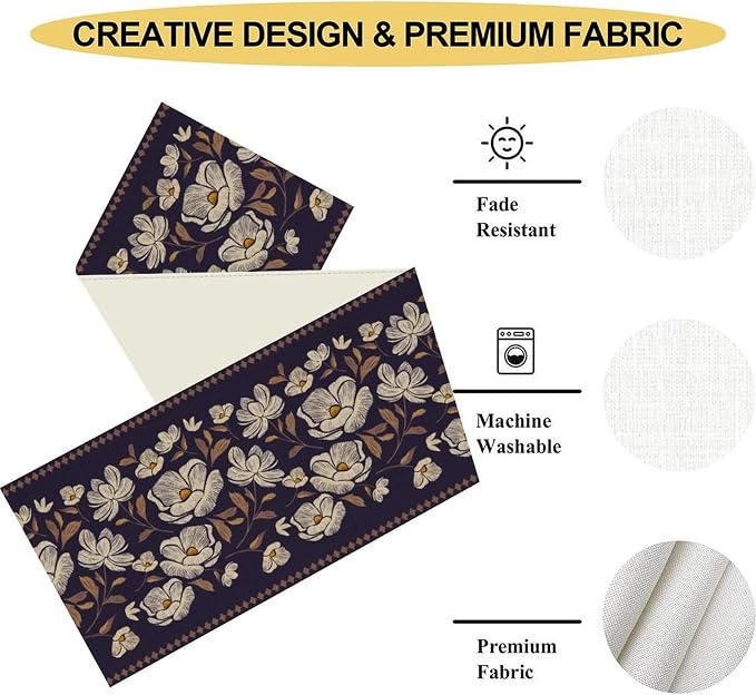 Dark Floral Table Runner, Abstract White Flower Seasonal Coffee Table Center - Image 5