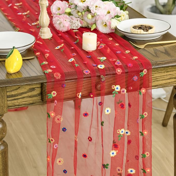 Artoid Mode 3PCS Red Embroidery Daisy Gauze Table Runner 120 Inch 10FT by ArtoidMode