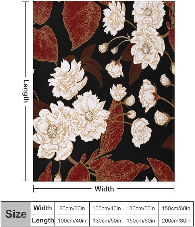 Red Gold Floral Blanket, Boho Dark Flower Leaves Chinese Plum Blossoms - Image 2