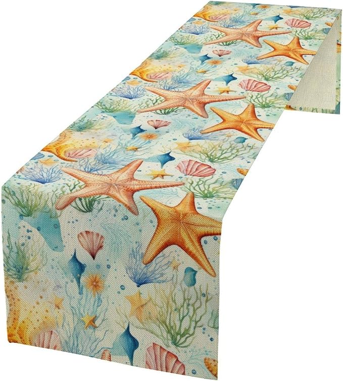 Starfish Conch Shell Table Runners, Season Coastal Marine Life Table Runners by Unknown