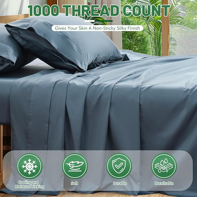 100% Egyptian Cotton Sheets King Size 4PCS 1000 Thread Count Sateen Weave Soft - Image 2