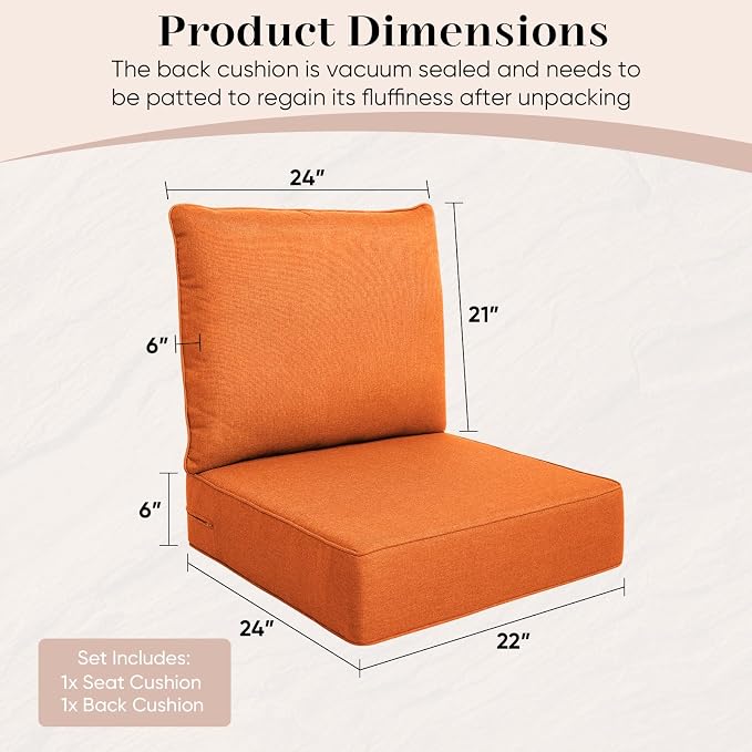 Luxury Outdoor Seat Cushion Set-22 x 24 x 6 Inch Outdoor Chair Cushions - Image 3