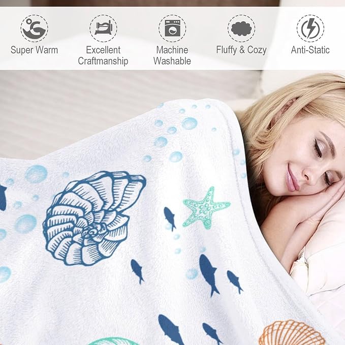 Nautical Coastal Blanket, Starfish Seashell Coral Beach Themed Drapes Ocean - Image 4