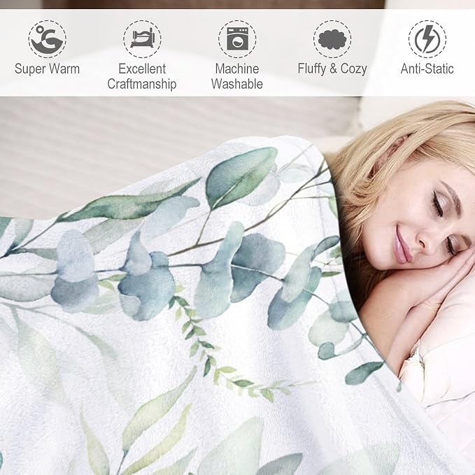 Eucalyptus Leaf Throw Blanket, Watercolor Floral Spring Botanical Green Plants - Image 4