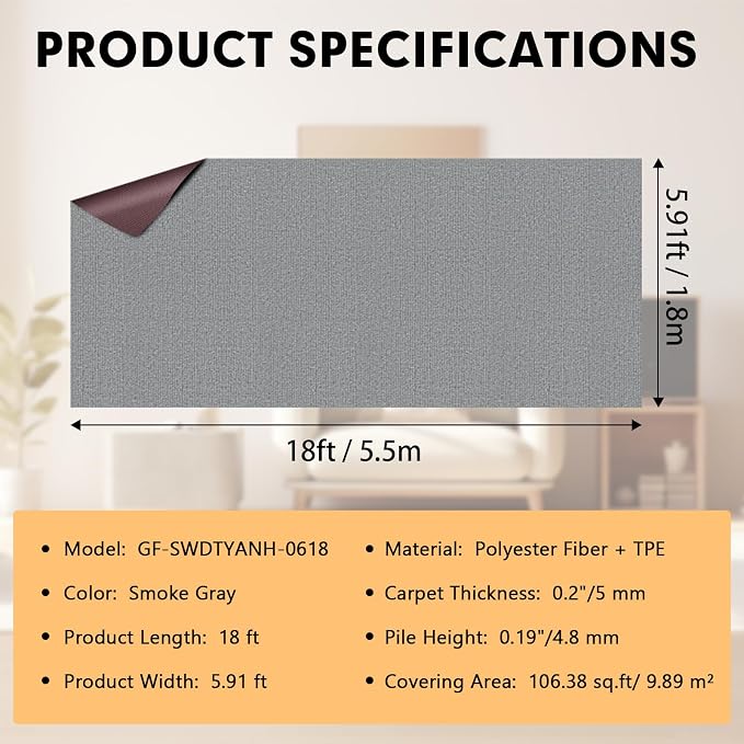 Marine Carpet, 6 FT x 18 FT Smoke Gray Indoor Outdoor Carpet 0.2" Thick Boat - Image 2