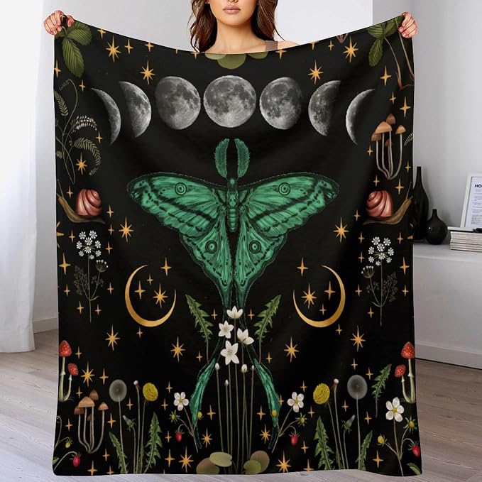 Moon Phase Moth Blanket, Vintage Botanical Mushroom Wildflower Gothic Night - Image 8