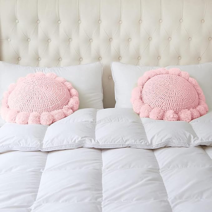 Boho Round Throw Pillow with Cute Handmade Pom Poms Tassels 18 Inch, Decorative - Image 3
