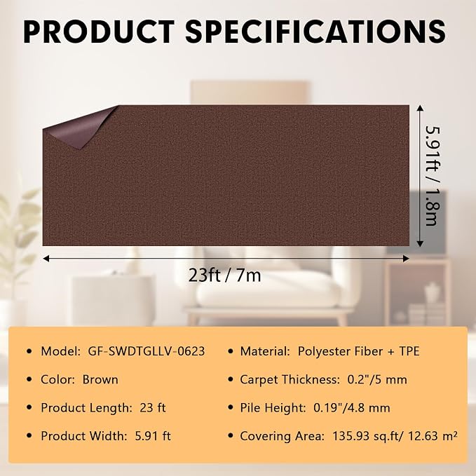 Marine Carpet, 6 FT x 23 FT Brown Indoor Outdoor Carpet 0.2" Thick Boat Carpet - Image 2