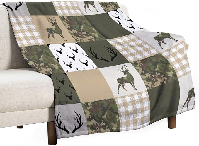 Camouflage Deer Blanket, Vintage Camo Green Beige Plaid Rustic Cabin Wildlife by JanJCurt