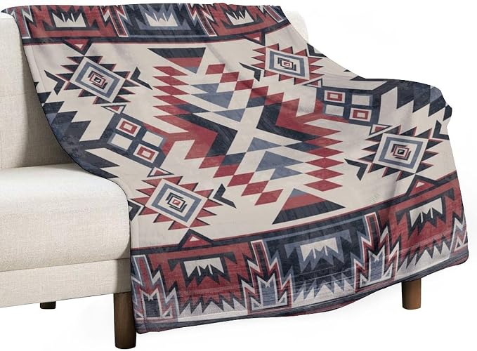 Southwest Blanket, Tribal Indian Throw Blanket Red Black Aztec Ethnic Geometric by JanJCurt
